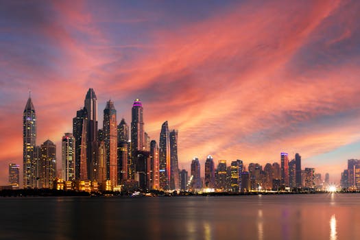 Stunning view of Dubai Marina's skyscrapers against a dramatic sunset sky.