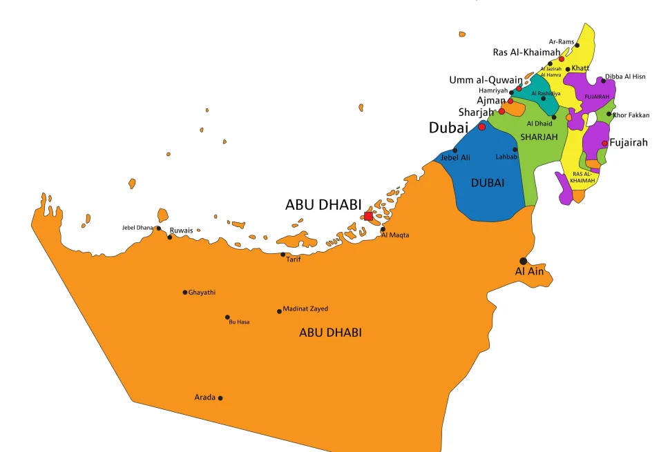 7 emirates of UAE map