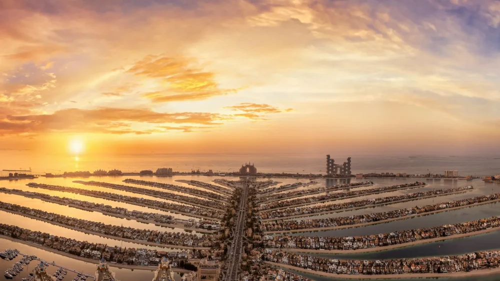 Palm Jumeirah Island Dubai aerial view, one of the most iconic and most visited tourist landmarks in the UAE