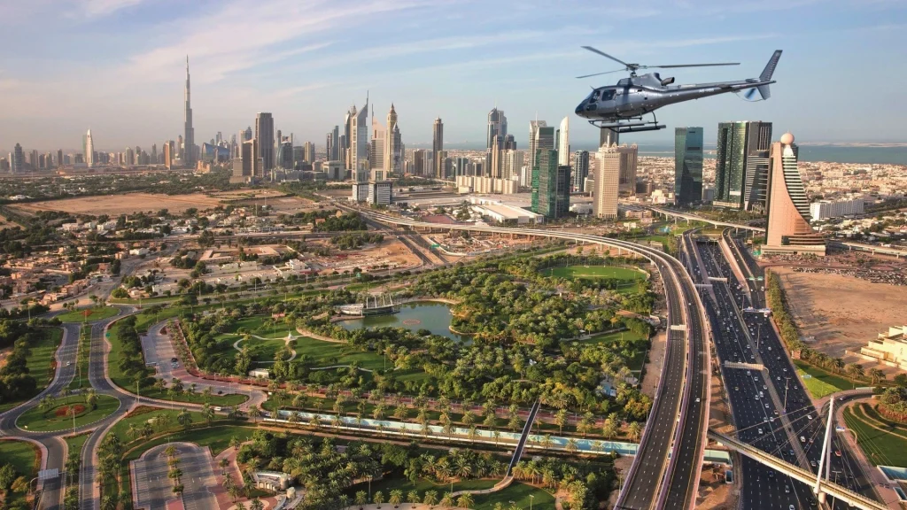 HeliDubai helicopter tour flying over Sheikh Zayed Road and the Dubai skyline